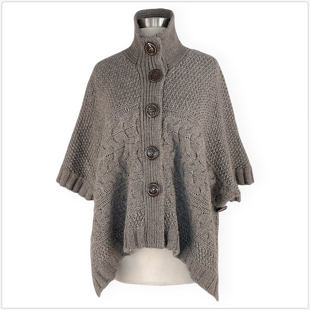 NEXT Italy Alpaca Wool Blend Taupe Button Front Poncho Ruana Cardigan Sweater M - Picture 2 of 6